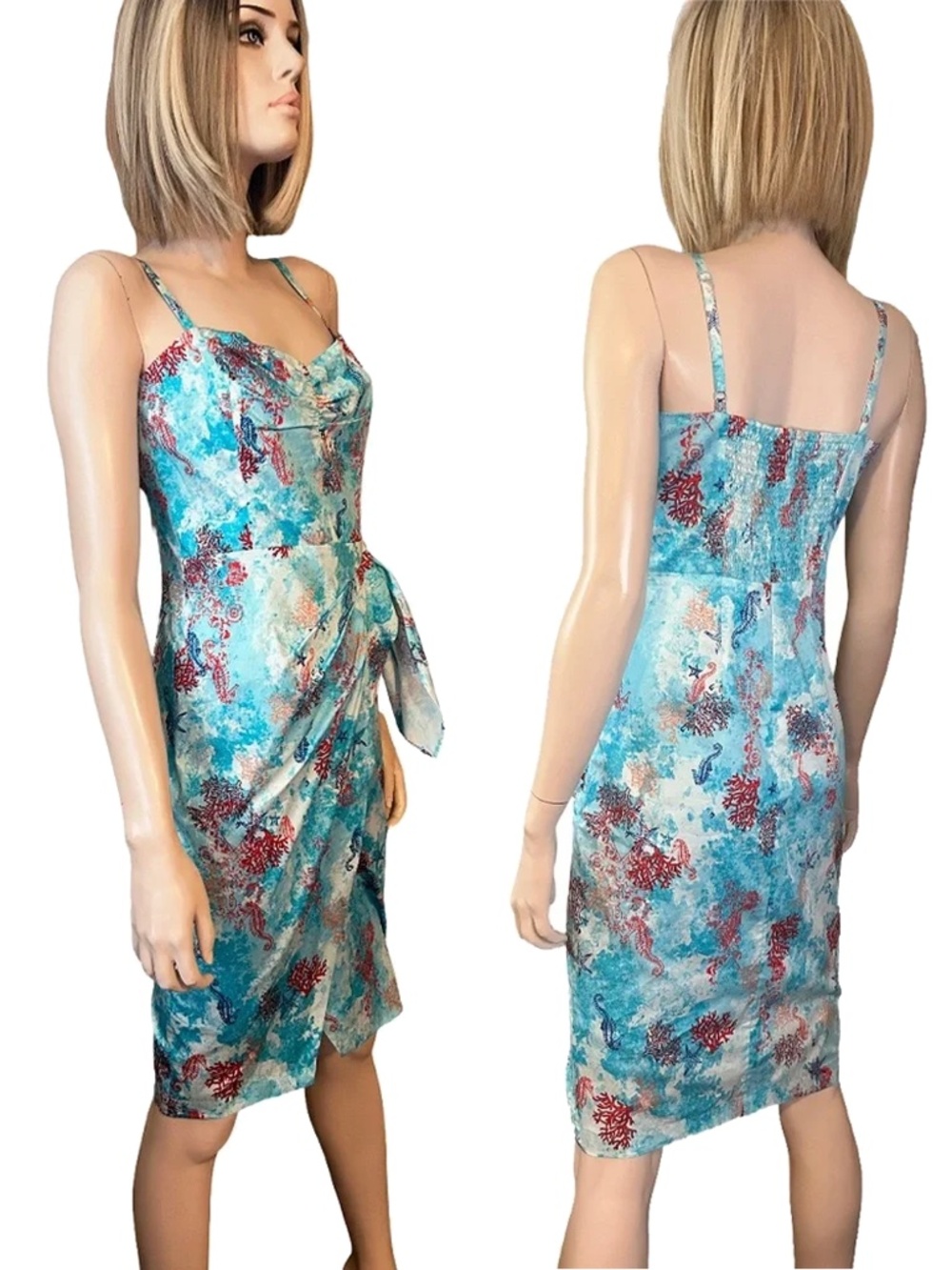 WHBM Breezy Cotton Faux Wrap Dress Ruch Lined Shirred Sexy Pleated Waist Detail